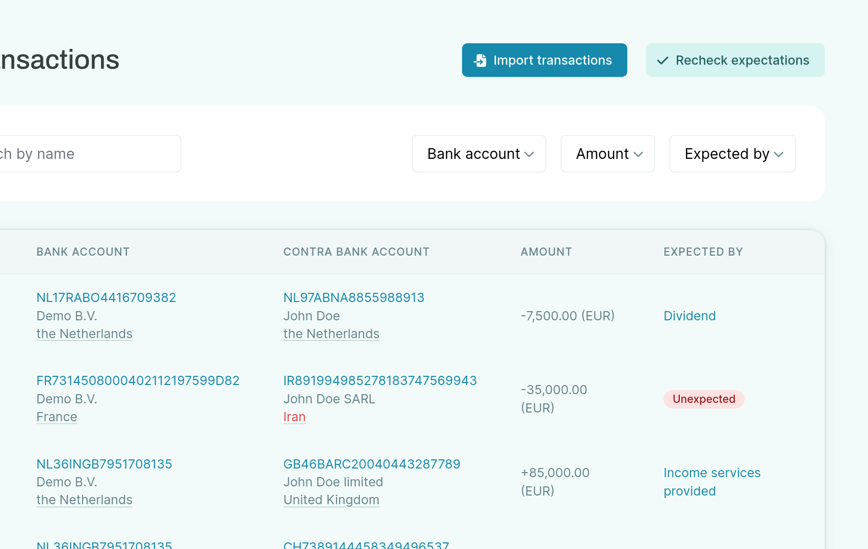 A screenshot of monitored transactions with a badge signifying a unexpected transaction has occurred